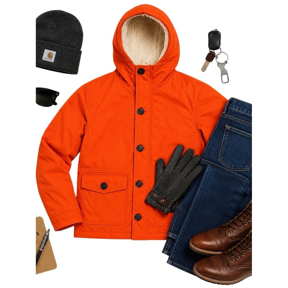 Goodfellow Sherpa Lined Hooded Parka Jacket Small Orange Utility Winter Coat EUC